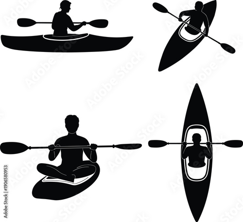 "Collection of kayaking silhouettes showing people paddling in different angles and perspectives for sports, recreation, design, and educational projects"