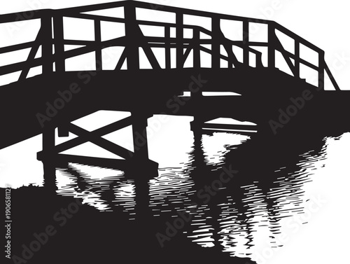 Old rustic wooden bridge spanning water creating surface reflection silhouette vector illustration