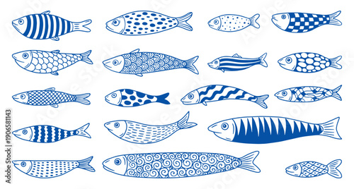 Hand drawn sardines. Doodle sardines, anchovies mackerel tuna salmon. Sketch abstract fish, decorative sea characters for stickers, decor, neoteric vector clipart