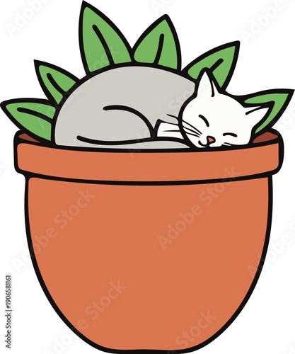 Cute cartoon vector illustration of a black kitten in a ceramic pot and a domestic cat in a flower vase with magic hearts, Easter bunny ears, and green leaves symbolizing love and growth in nature