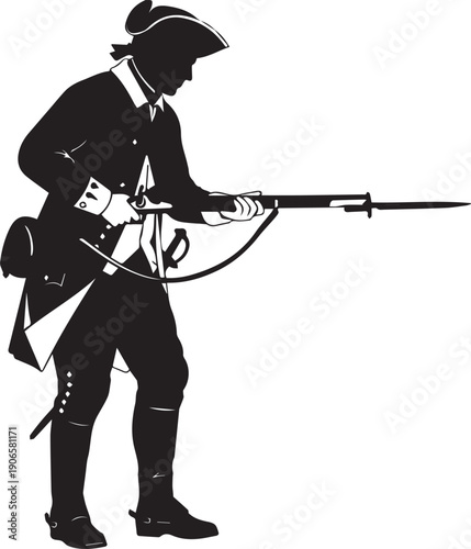 Revolutionary war soldier silhouette holding rifle with bayonet vector illustration line art