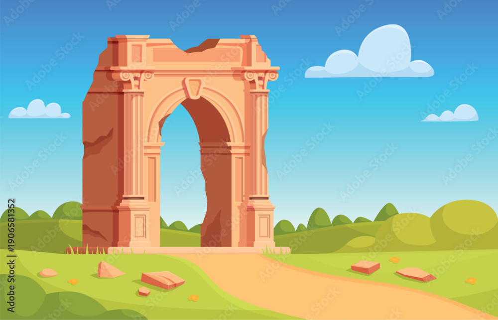 Obraz premium Ruined ancient greek landscape. Stone antique arch ruins, broken pillars. Historical place with roman architecture on green meadow, sapid vector scene