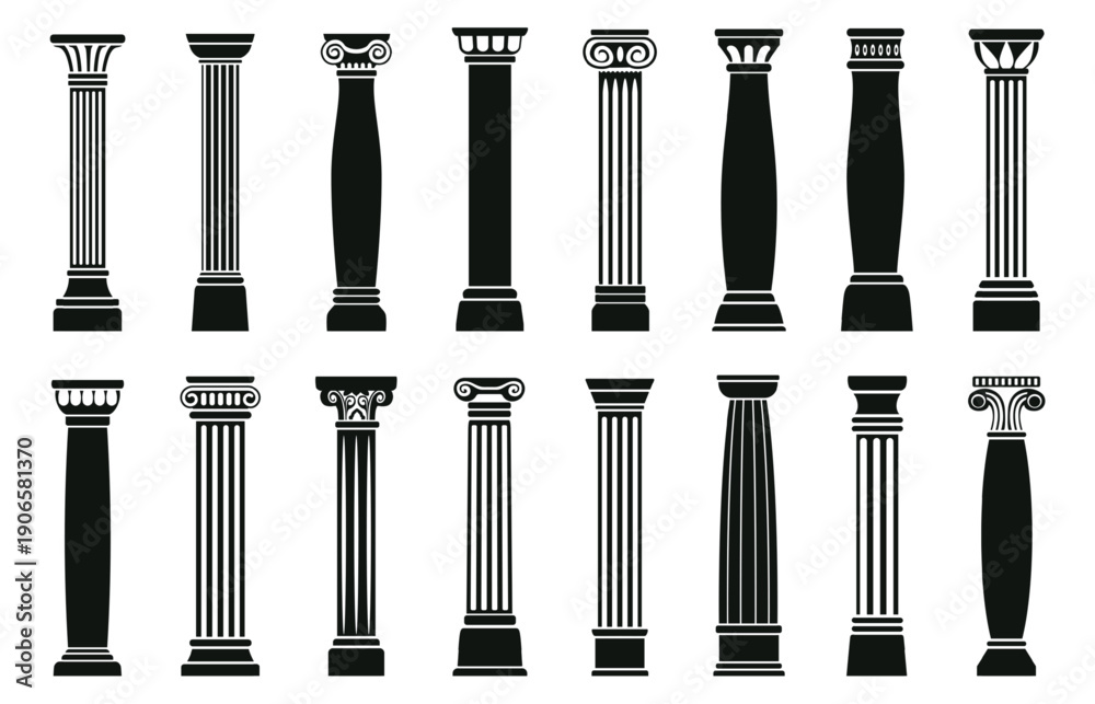 Fototapeta premium Black column. Antique stone columns, greek roman ancient pillars cut silhouettes. Classic mediterranean architecture elements, colonnade, facade decoration, sapid vector set