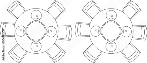 "Illustration of round dining tables with six chairs and four place settings arranged symmetrically for hospitality, event planning, and design"