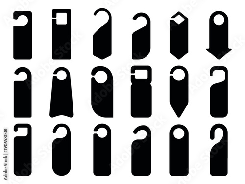 Black door hanger set. Hotel room hangers, silhouettes icon templates for cut. Empty flyers for sale or discount, no disturb, clean my room, sapid vector set