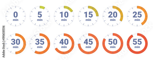 Chronometer icons. Simple timers with dial, hours minutes counter. Measurement for work process, sport, cooking, reading. Deadline countdown, sapid vector set