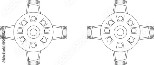 "Top-down illustration of round tables with eight chairs and curved extensions showing symmetrical seating layout for dining, meeting, and design"