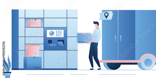 Сourier carries cardboard box to an automated post terminal to load it into a locker for pickup. Urban logistics and smart shipping solutions. Delivery service