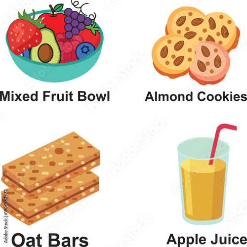 Colorful Snack Assortment: Mixed Fruit Bowl, Almond Cookies, Oat Bars, and Apple Juice