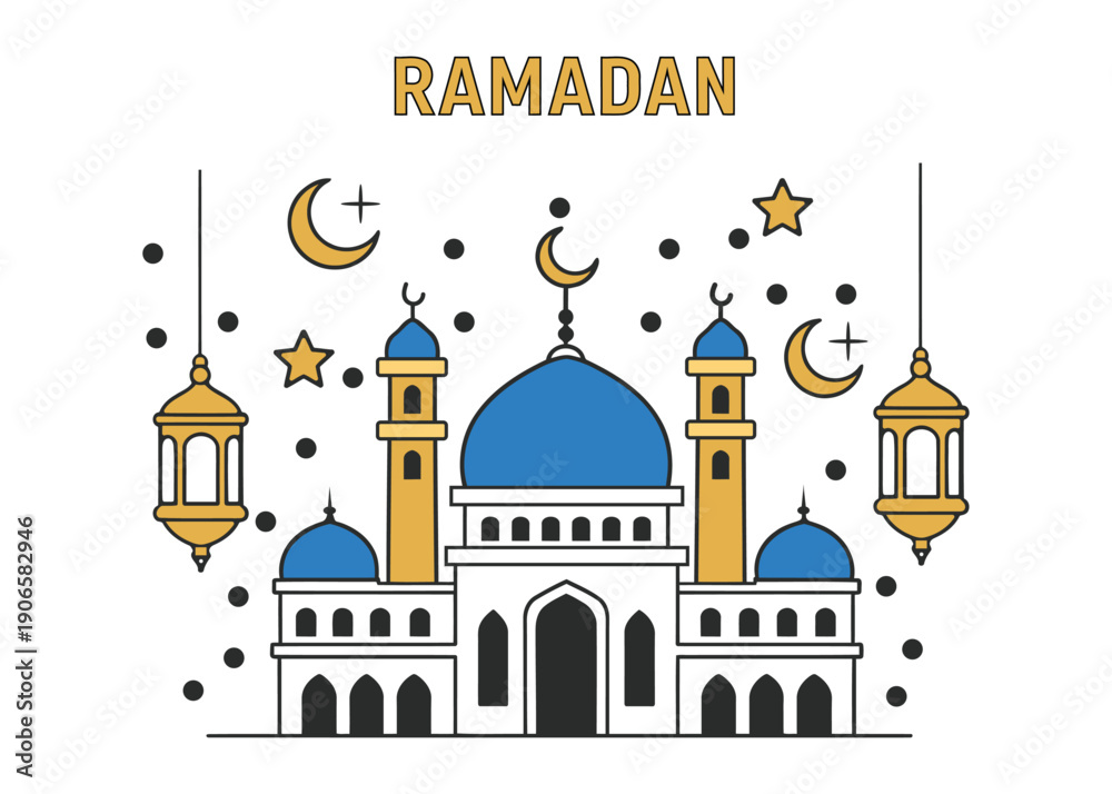 Obraz premium Ramadan Mosque Illustration Flat Vector Islamic Night Sky with Lantern and Crescent Peaceful Spiritual Poster Design