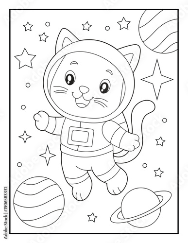Cat Astronaut Floating in Space Coloring Page for Children. Happy Kitty Space Explorer in Galaxy for Kids. Isolated Black and White Outline for Children's Activity Books.
