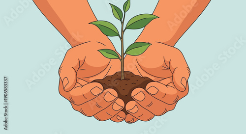 A depiction of a hand nurturing a small plant sprouting from its soil