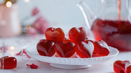 A plate of red heart shaped candies sits on a table. There are six candies on the plate