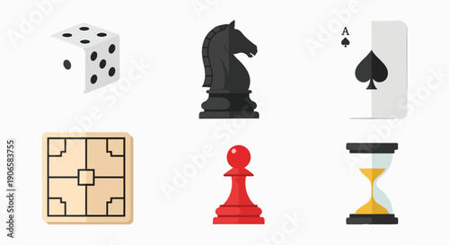 Diverse collection of board game elements and gambling icons chess pawn knight dice card spades hourglass