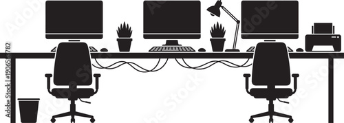 Modern office desk setup silhouette with computers chairs lamp plants black white vector workspace illustration