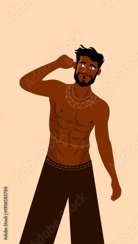 shirtless muscular man with dark skin wearing brown pants posing with confidence