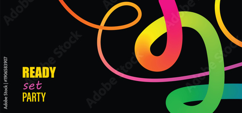 Vibrant party invitation with colorful swirls and bold typography on black background