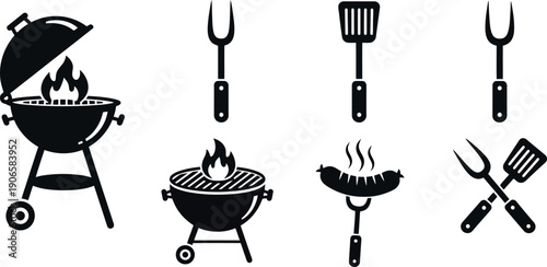 Black silhouette icons of barbecues grilling tools and food on transparent background
