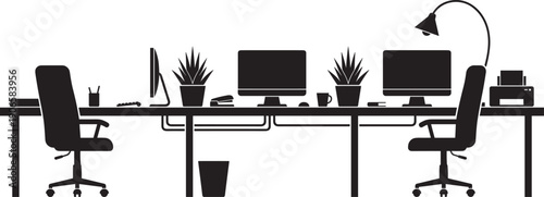 Modern office workspace silhouette with desks computers chairs plants black white vector illustration interior design scene