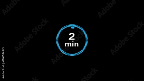 2 minute circle clock icon animation, circular arrow with 2 minute text animation. Digital and analog clock 2 minutes reminder 4k video motion graphic.