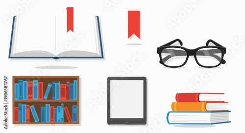 Various learning and education objects flat design illustration set books library tablet glasses knowledge study