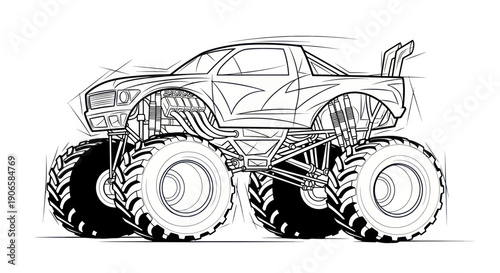 Monster Truck Drawing Outline - Powerful Off-Road Vehicle Sketch
