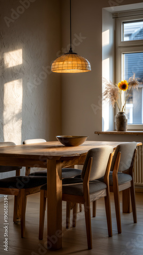 Wallpaper Mural Warm Wood Dining Room Interior with Sunlight and Floral Accent, Cozy Home Torontodigital.ca