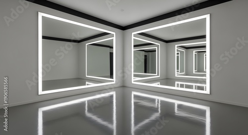 Infinite mirrored room with glowing white frames reflecting on a glossy floor interior reflection