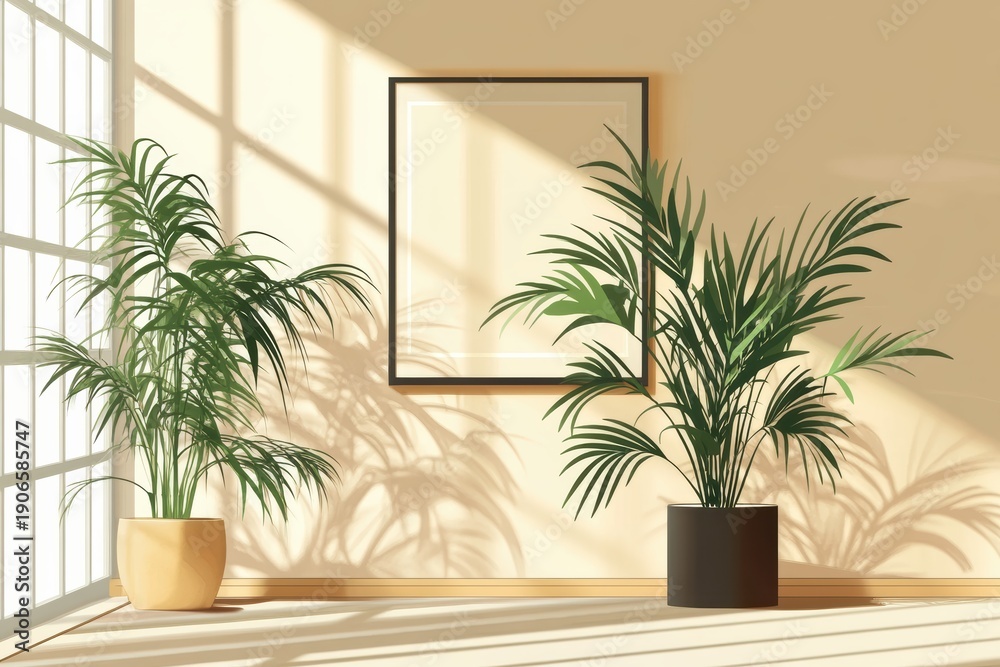 Fototapeta premium Indoor plants in minimal settings with natural light and shadows creating a modern feel