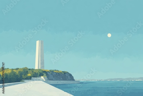 A painting of a lighthouse on the water