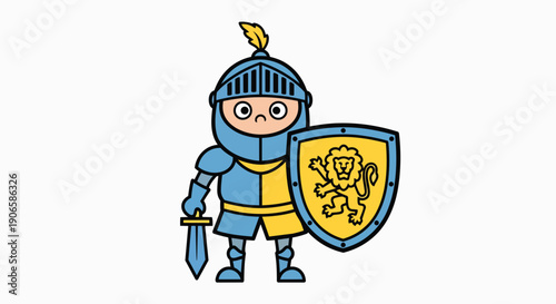 Cute cartoon knight with sword and lion shield standing ready medieval warrior armor fantasy