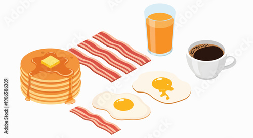 Isometric delicious American breakfast pancakes bacon eggs coffee juice food morning meal full plate
