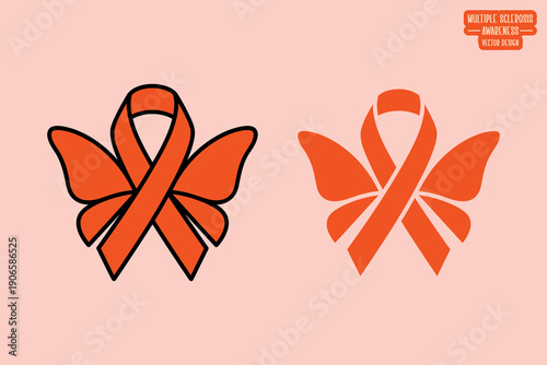 Simple MS Butterfly Ribbon Sign Vector for Multiple Sclerosis Awareness, Minimalist Healthcare Support Symbol, Chronic Disease Hope, and Neurological Health Charity Branding Icon