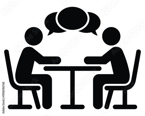 Two people sitting at a table communicating with speech bubbles above their heads