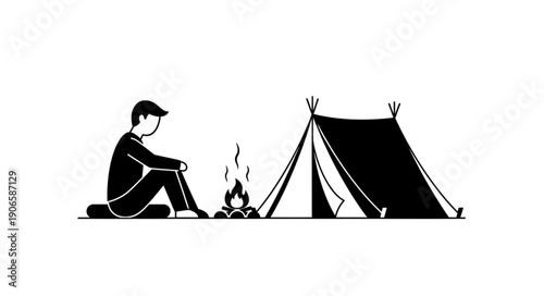 Minimalist Illustration of a Person Camping with a Tent and Campfire.
