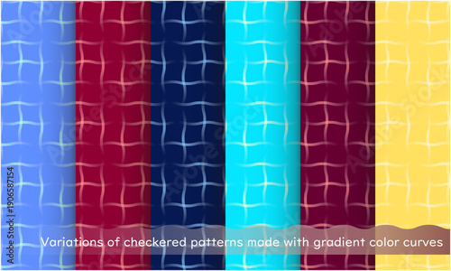 グラデーションカラーの曲線で作られたチェックのシームレスパターンセット