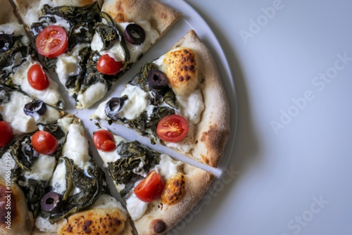 a pizza with a spinach cream sauce