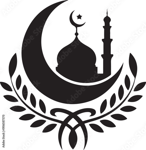 Islamic Crescent Moon Mosque Minaret and Laurel Wreath Emblem Silhouette dome