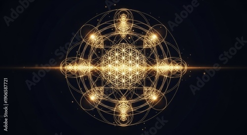 Intricate golden mandala with sacred-geometry patterns and glowing rays of light on a dark, spiritual, and meditative background.