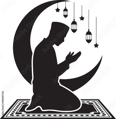 Muslim Man Praying Silhouette on Prayer Rug with Crescent Moon Lanterns and Stars vector illustration
