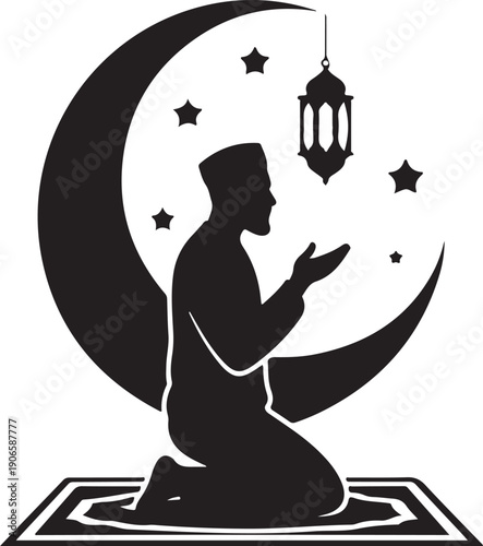 Muslim Man Praying Silhouette with Crescent Moon Lantern and Stars on White Background prayer