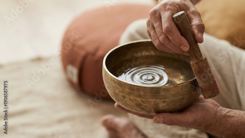 Hands Holding Wooden Mallet Near Brass Singing Bowl in Therapy Session