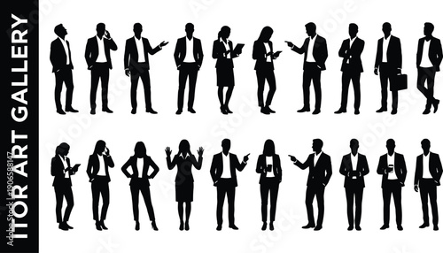 Corporate business people silhouettes set, professional men and women in formal wear standing poses isolated on white background vector illustration