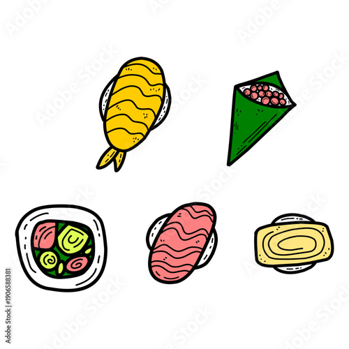 Set of hand drawn sushi variety such as rolls, sashimi, tamago sushi, and temaki rolls