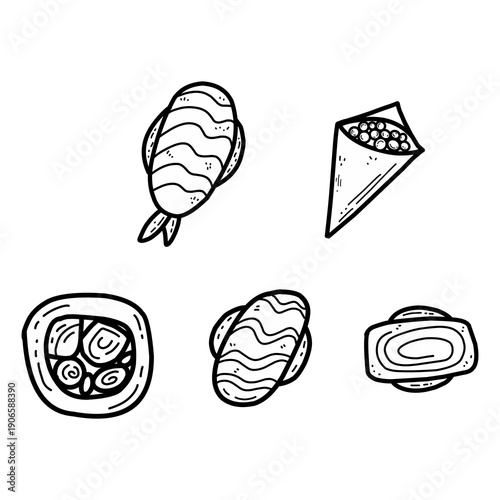Set of hand drawn sushi variety such as rolls, sashimi, tamago sushi, and temaki rolls