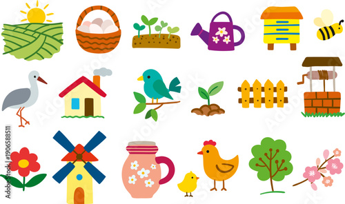 rural spring icons vector set village life stork chicken beehive windmill and blooming flowers isolated background stickers posters elements