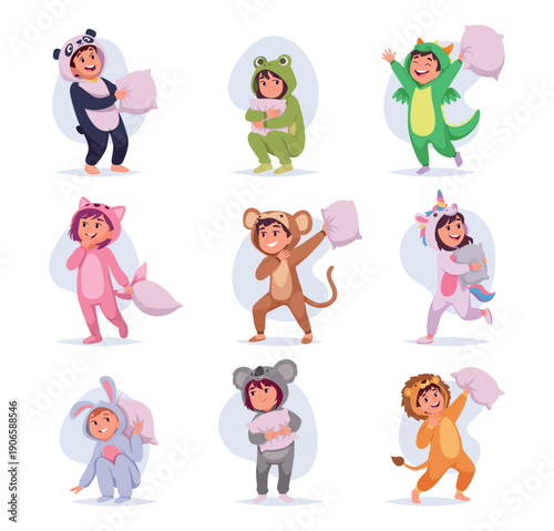 Pajamas. Kids playing and jumping in pajama clothes exact vector costumes for sleeping