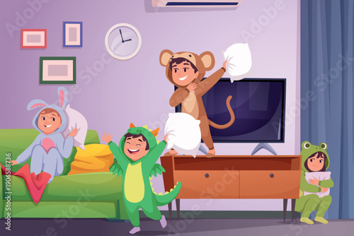 Pajama party. pillow fighting kids in living room interior. vector background