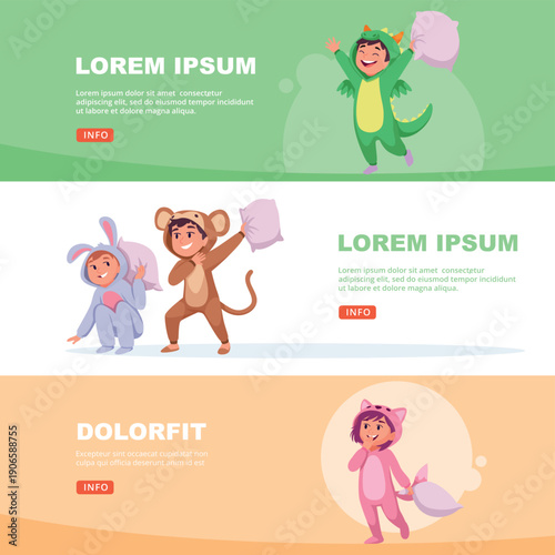 Pajamas party. kids in cute pajamas playing and fighting with pillows. vector horizontal banners