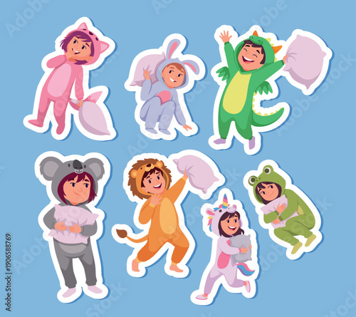 Pajamas party. kids pillow fightings in pajamas. vector template of stickers with kids